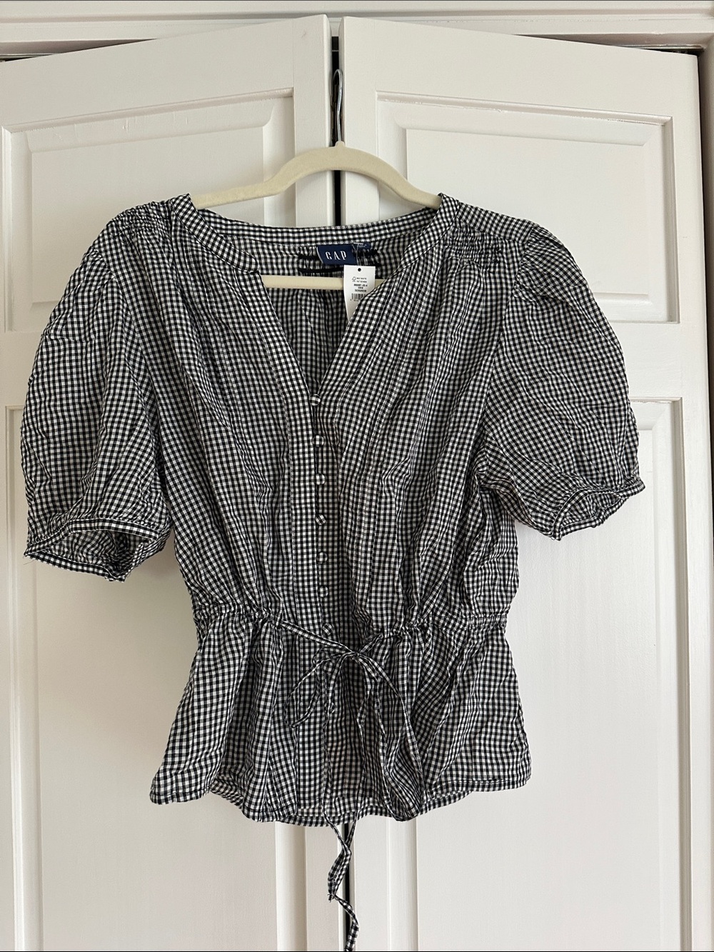 GAP Black & White Gingham Drawstring Button-Front Blouse